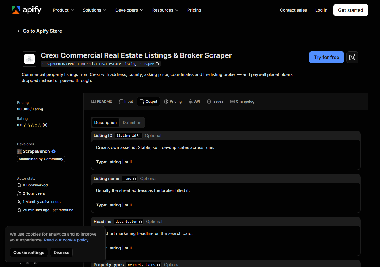 The output fields returned by Crexi Commercial Real Estate Listings & Broker Scraper