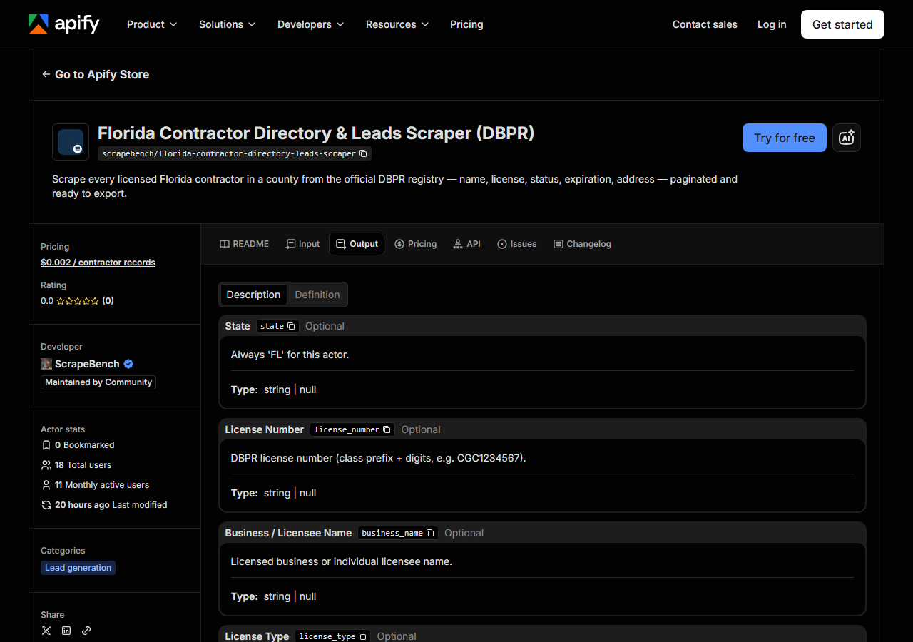 The output fields returned by Florida Contractor Directory & Leads Scraper (DBPR)