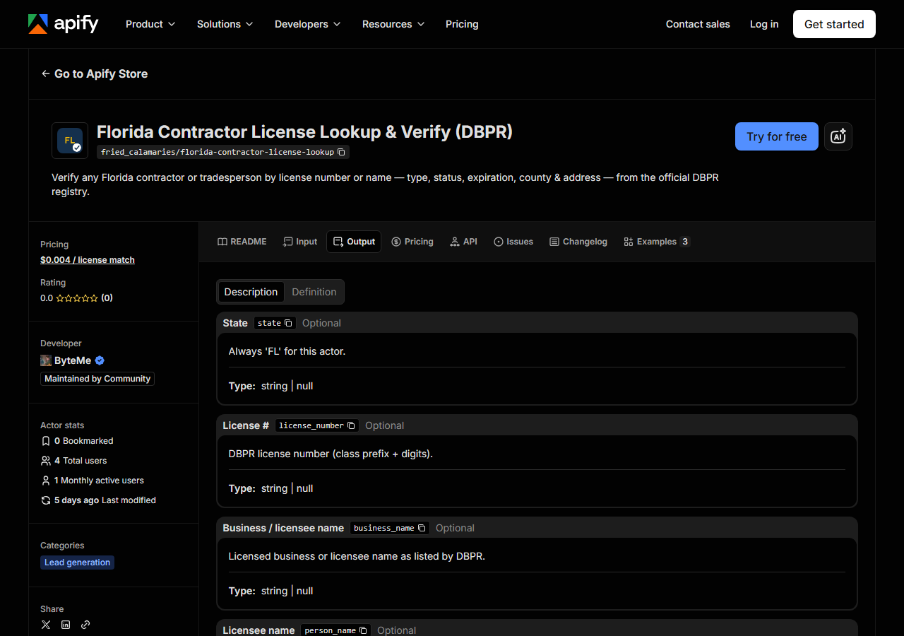 The output fields returned by Florida Contractor License Lookup & Verify (DBPR)