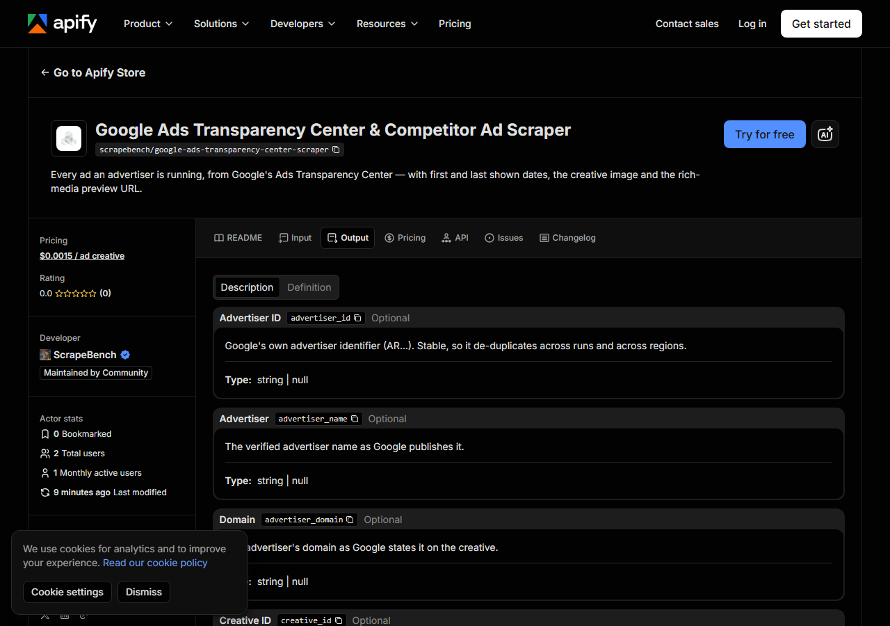 The output fields returned by Google Ads Transparency Center & Competitor Ad Scraper