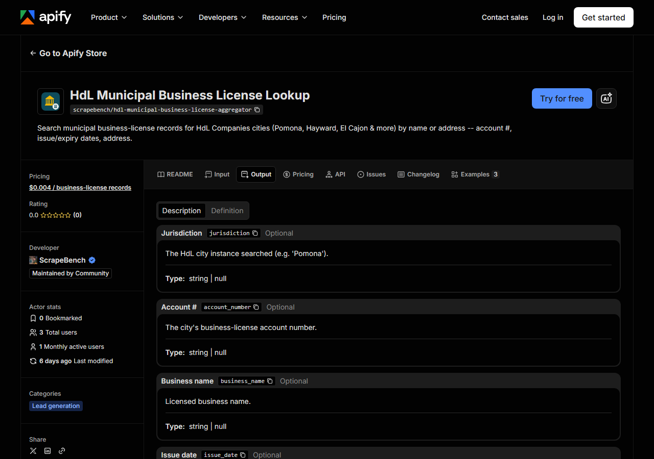 The output fields returned by HdL Municipal Business License Lookup
