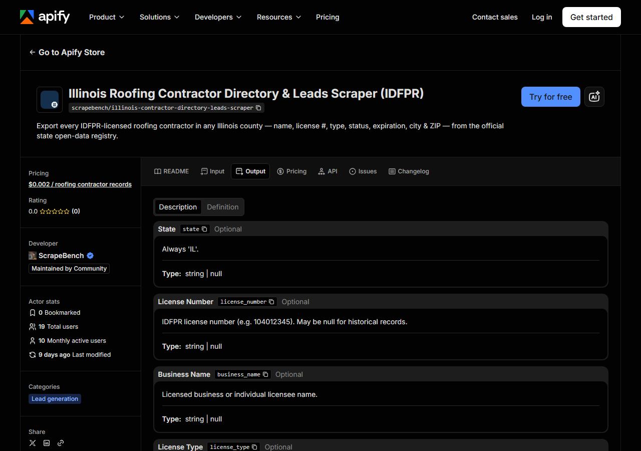 The output fields returned by Illinois Roofing Contractor Directory & Leads Scraper (IDFPR)