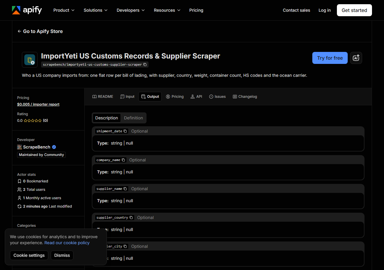 The output fields returned by ImportYeti US Customs Records & Supplier Scraper