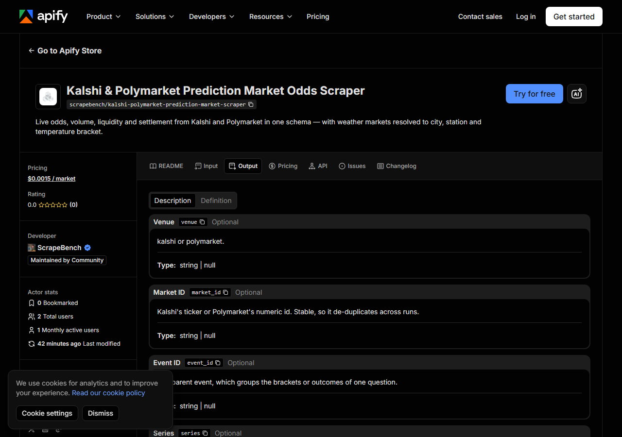The output fields returned by Kalshi & Polymarket Prediction Market Odds Scraper