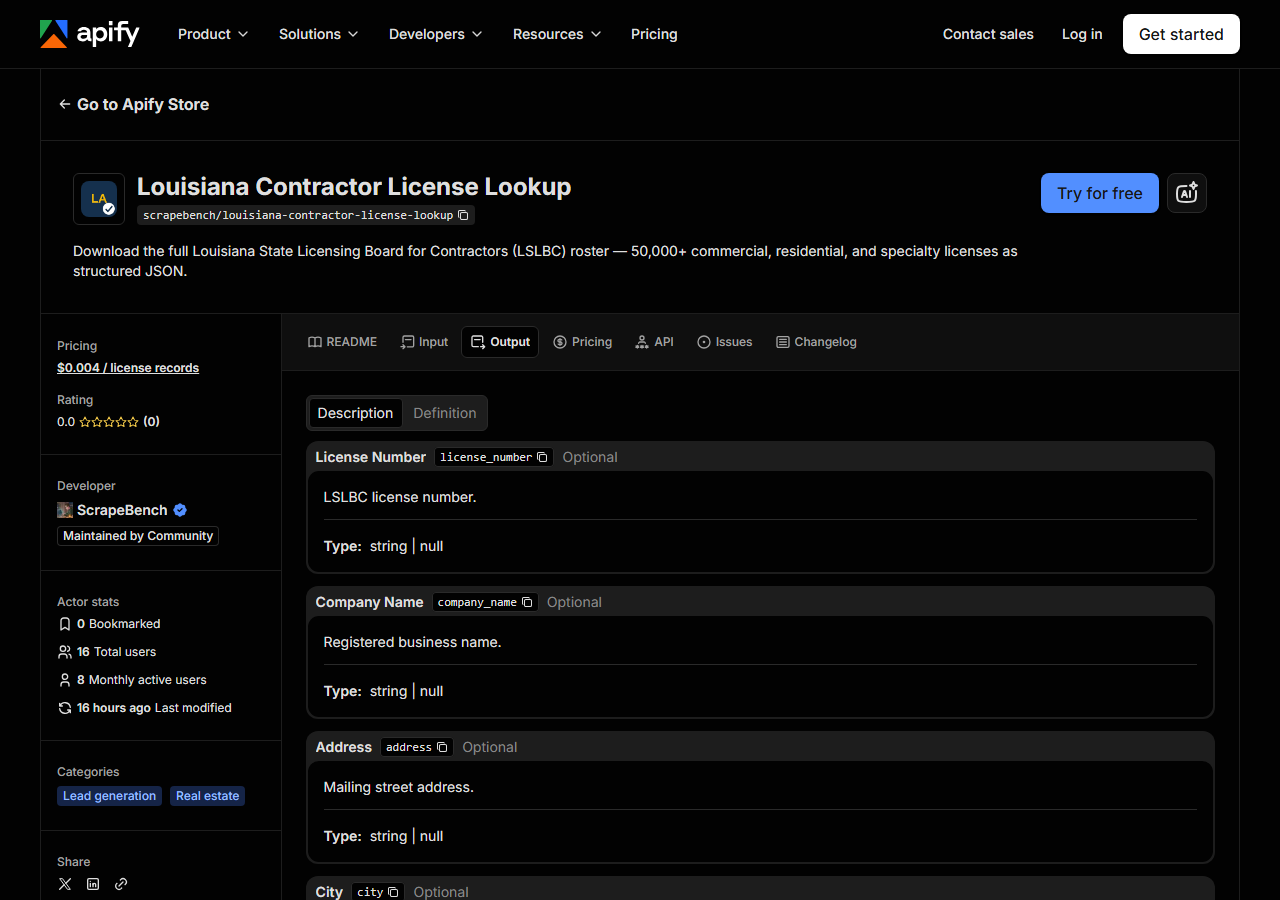 The output fields returned by Louisiana Contractor License Lookup