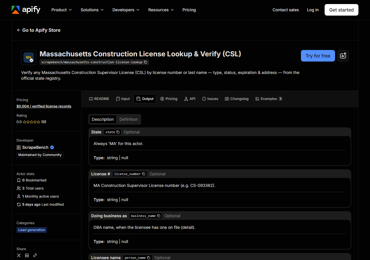 The output fields returned by Massachusetts Construction License Lookup & Verify (CSL)