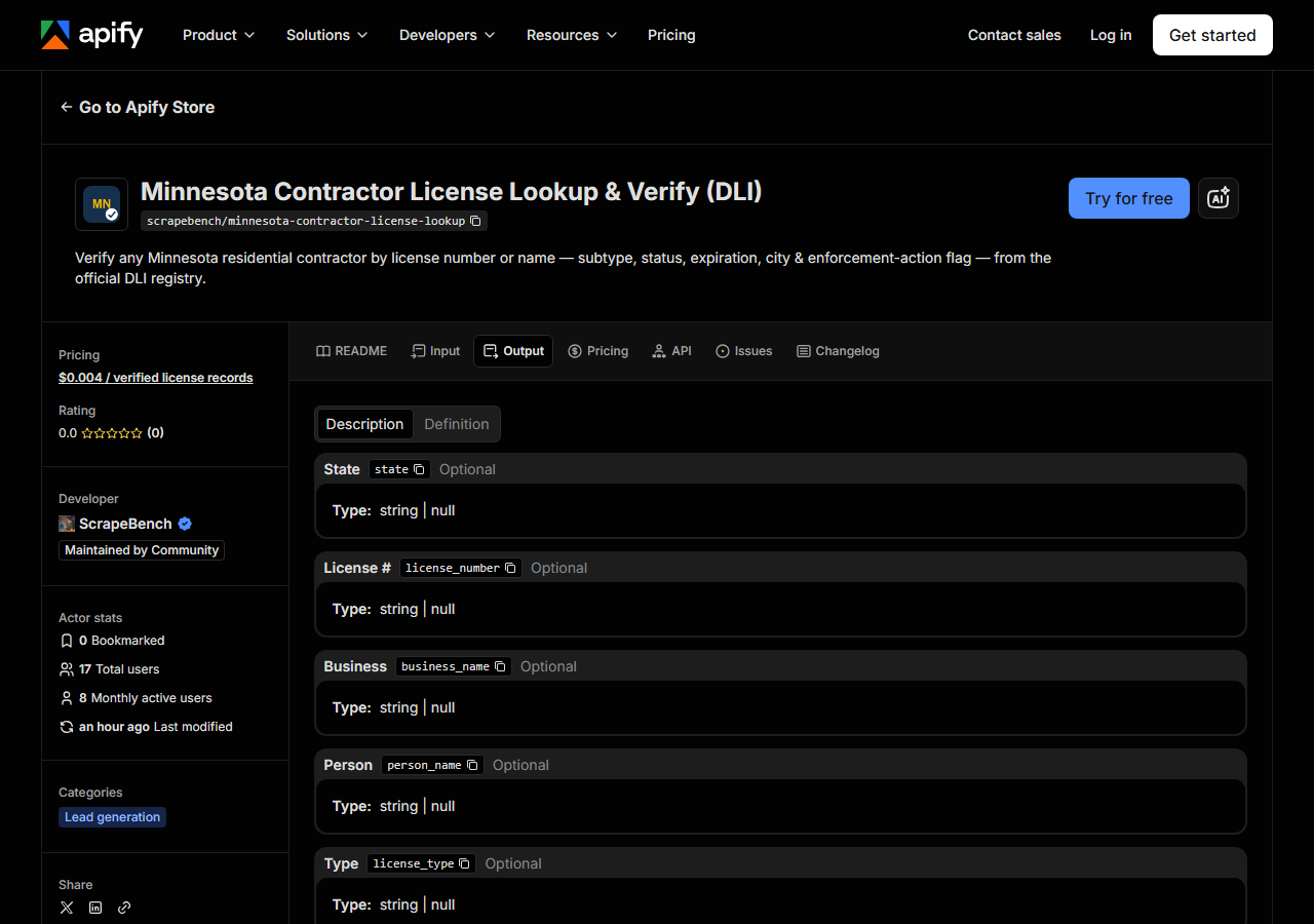 The output fields returned by Minnesota Contractor License Lookup & Verify (DLI)