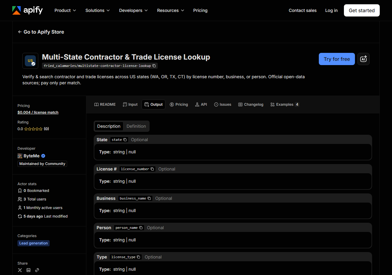 The output fields returned by Multi-State Contractor & Trade License Lookup