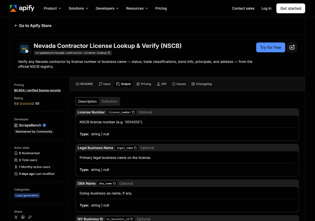 The output fields returned by Nevada Contractor License Lookup & Verify (NSCB)