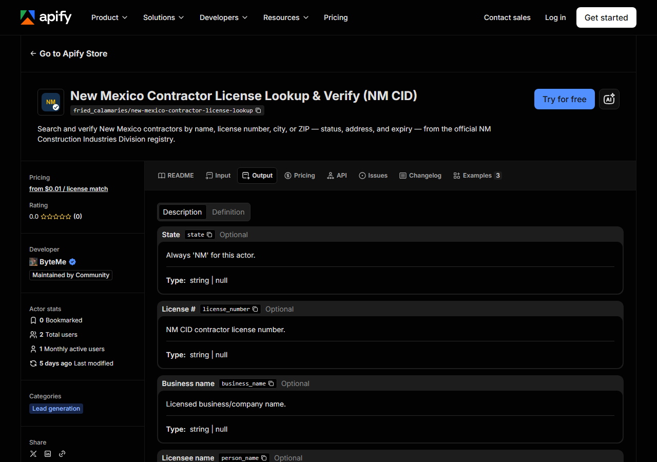 The output fields returned by New Mexico Contractor License Lookup & Verify (NM CID)