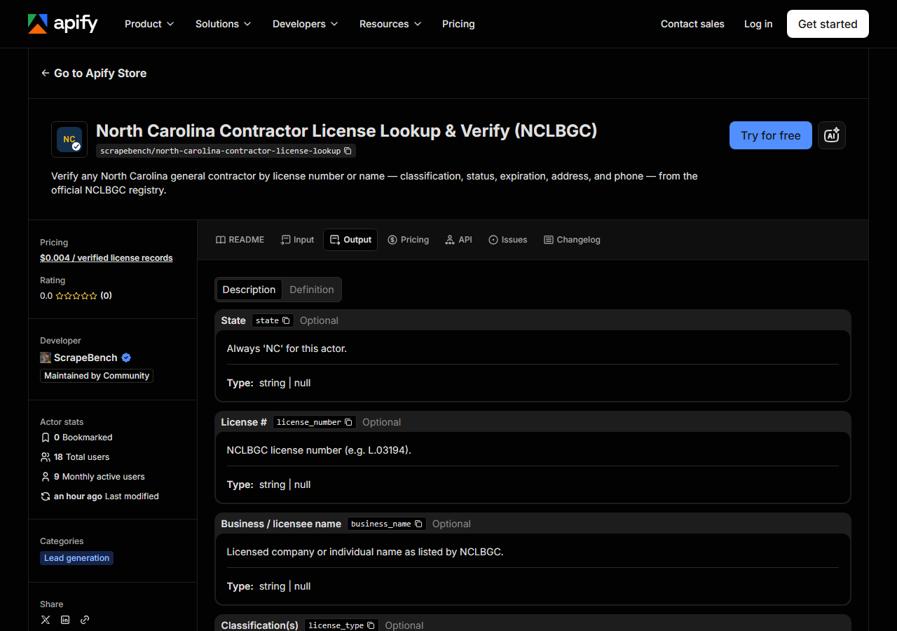 The output fields returned by North Carolina Contractor License Lookup & Verify (NCLBGC)