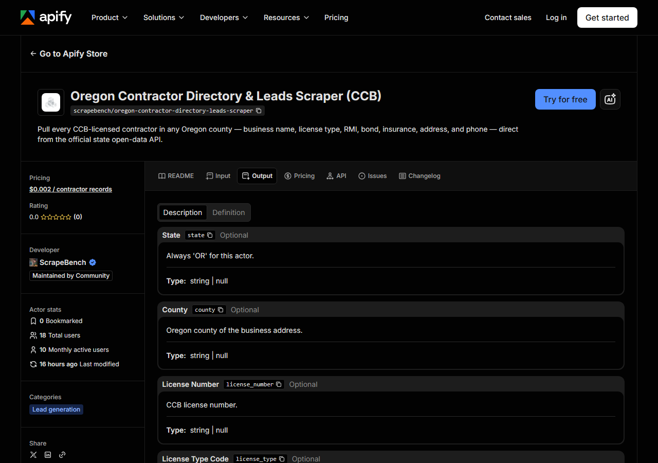 The output fields returned by Oregon Contractor Directory & Leads Scraper (CCB)