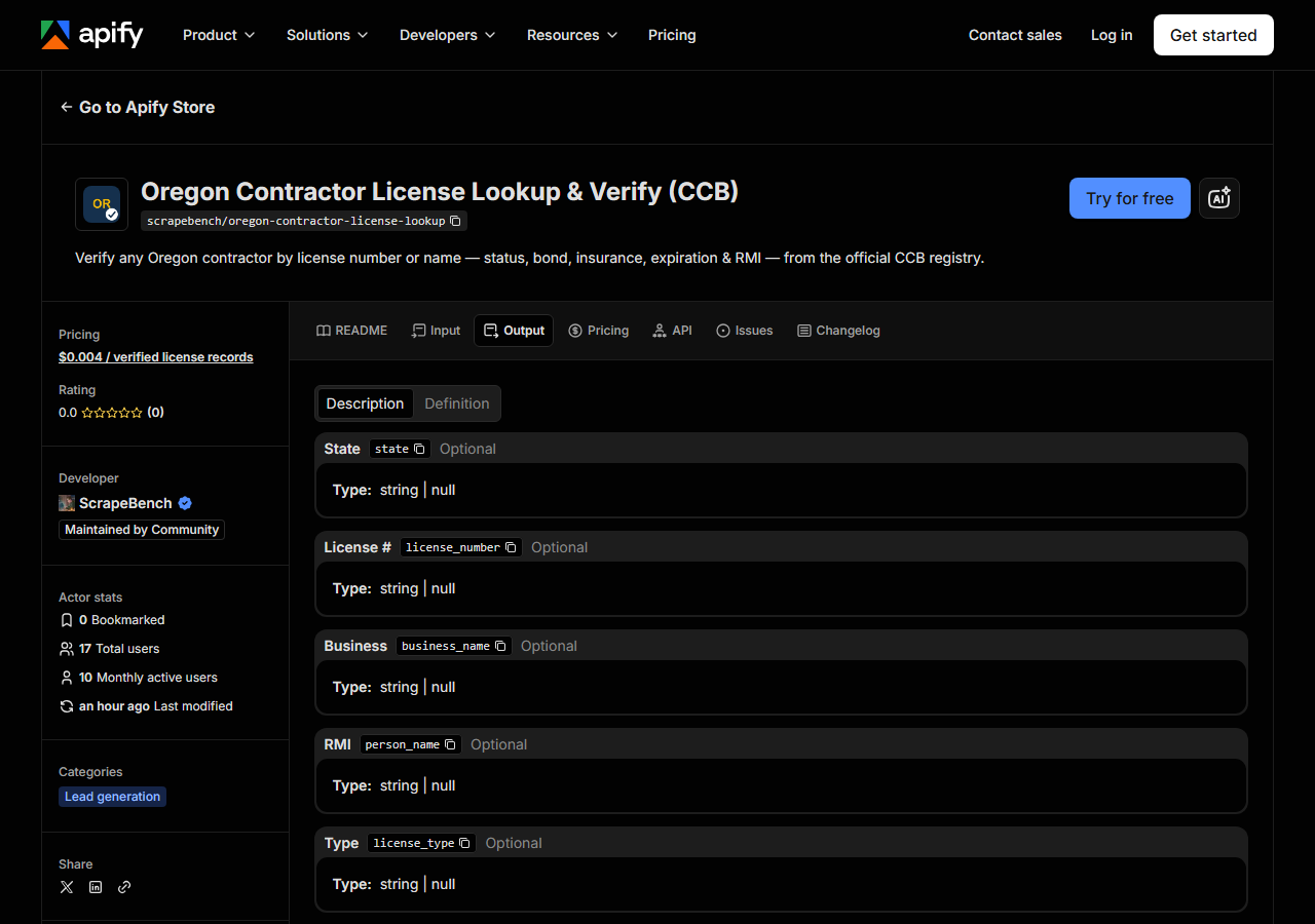 The output fields returned by Oregon Contractor License Lookup & Verify (CCB)