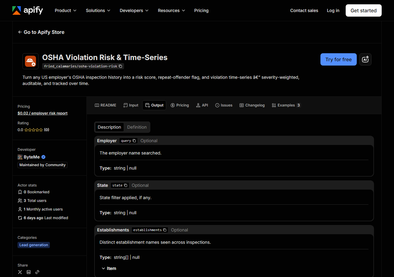 The output fields returned by OSHA Violation Risk & Time-Series