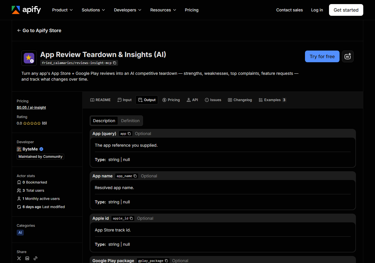 The output fields returned by App Review Teardown & Insights (AI)