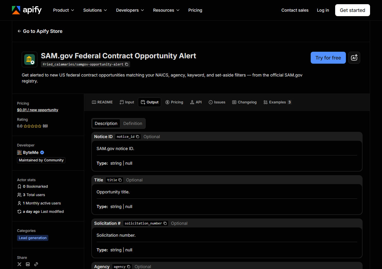 The output fields returned by SAM.gov Federal Contract Opportunity Alert