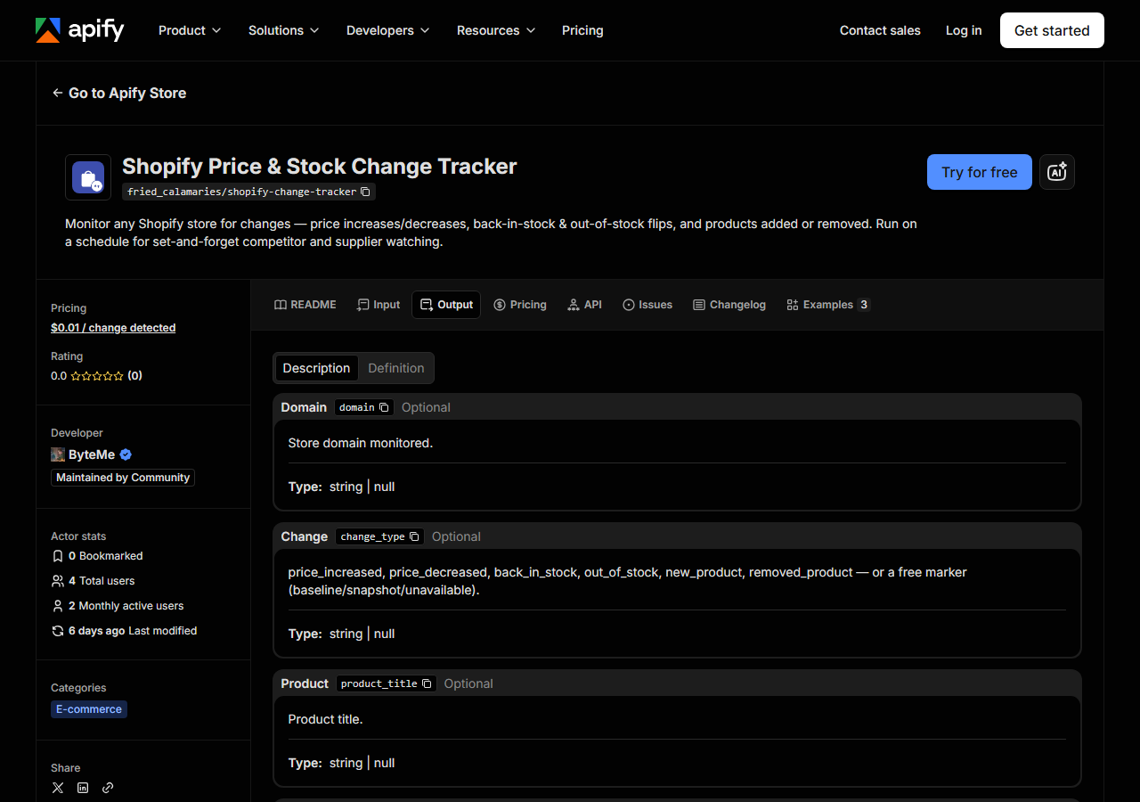 The output fields returned by Shopify Price & Stock Change Tracker