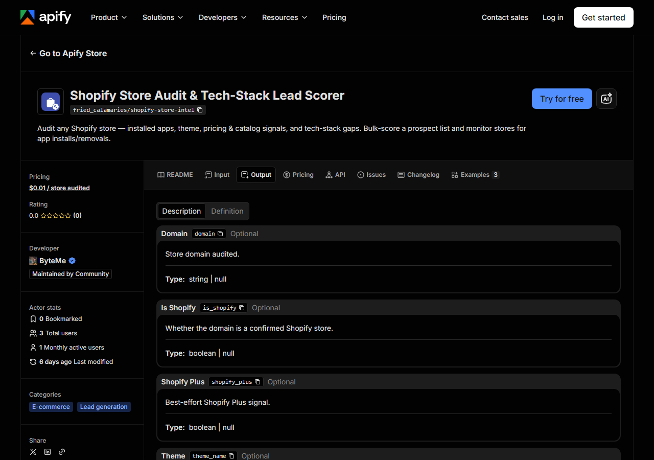 The output fields returned by Shopify Store Audit & Tech-Stack Lead Scorer