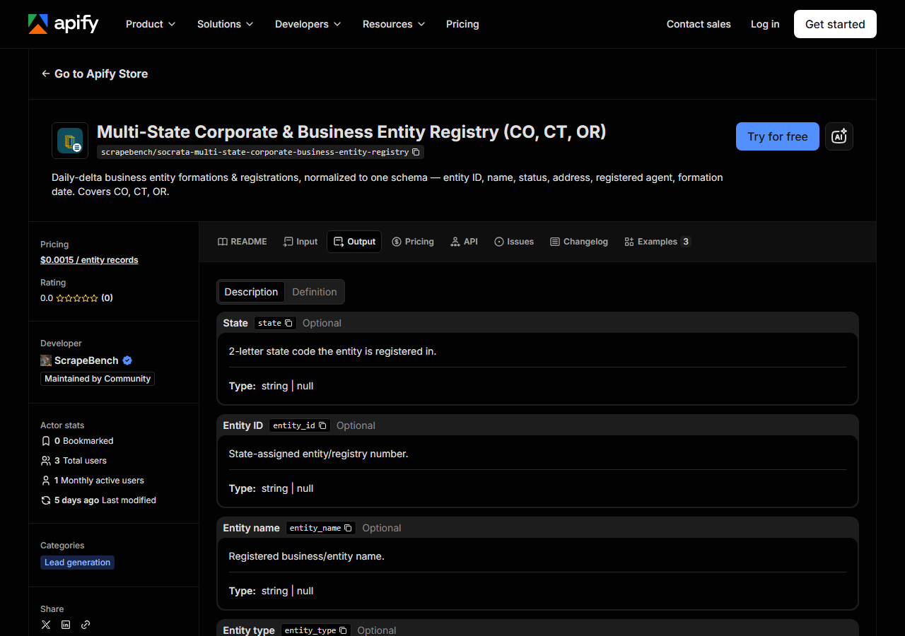 The output fields returned by Multi-State Corporate & Business Entity Registry (CO, CT, OR)