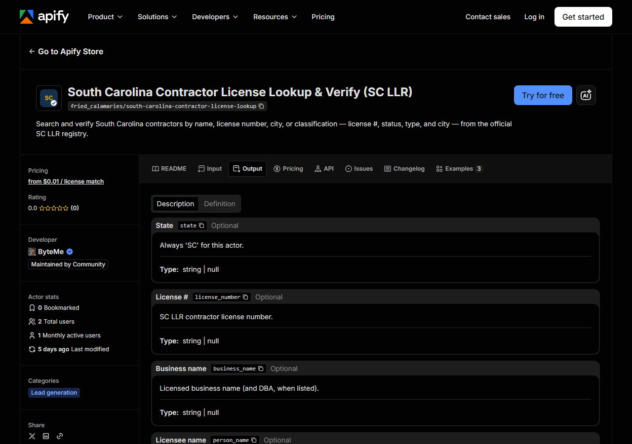 The output fields returned by South Carolina Contractor License Lookup & Verify (SC LLR)
