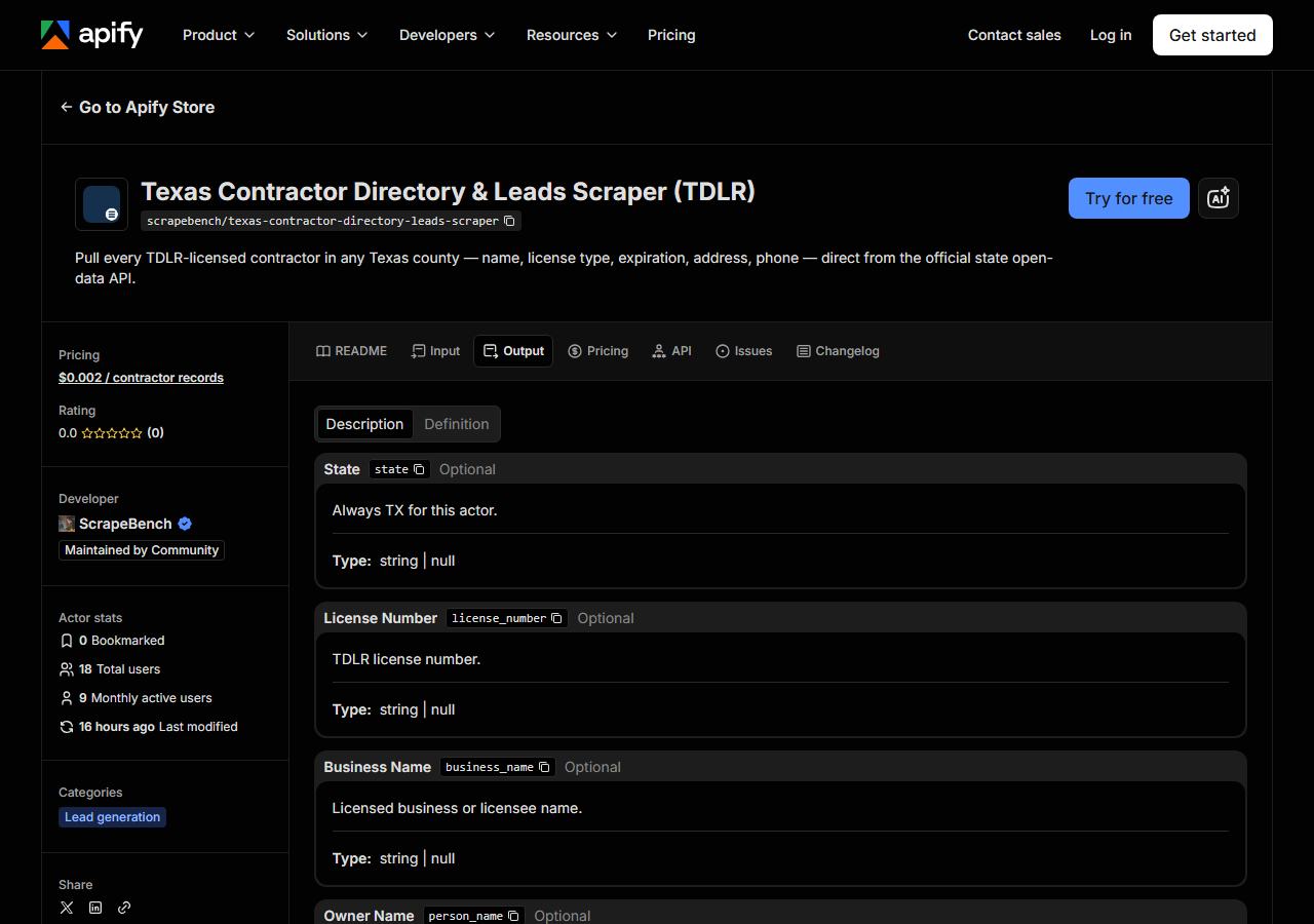 The output fields returned by Texas Contractor Directory & Leads Scraper (TDLR)
