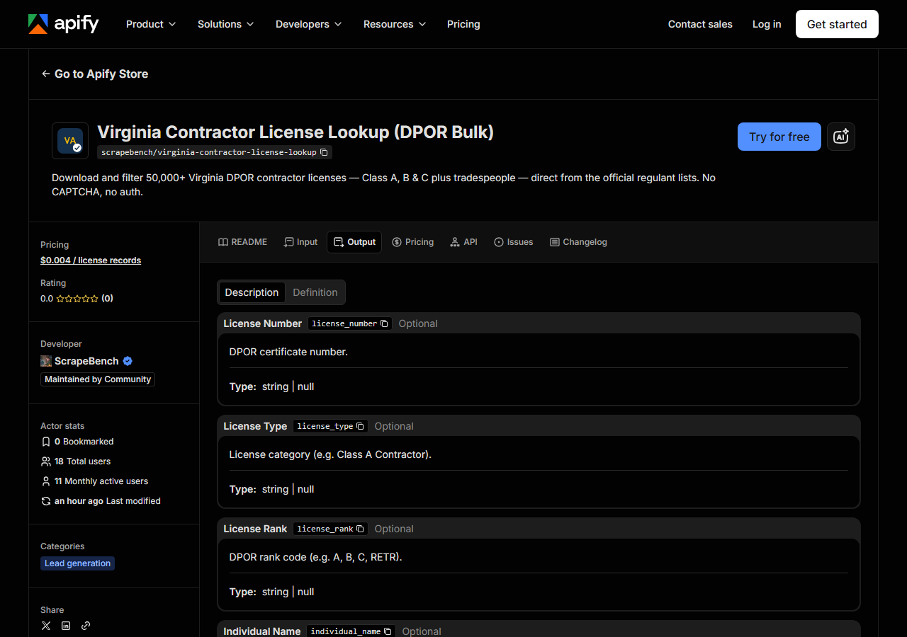 The output fields returned by Virginia Contractor License Lookup (DPOR Bulk)