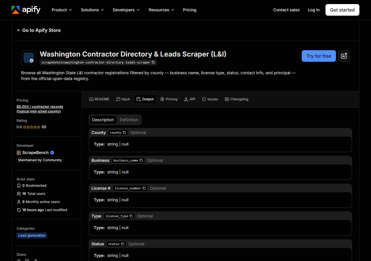 The output fields returned by Washington Contractor Directory & Leads Scraper (L&I)