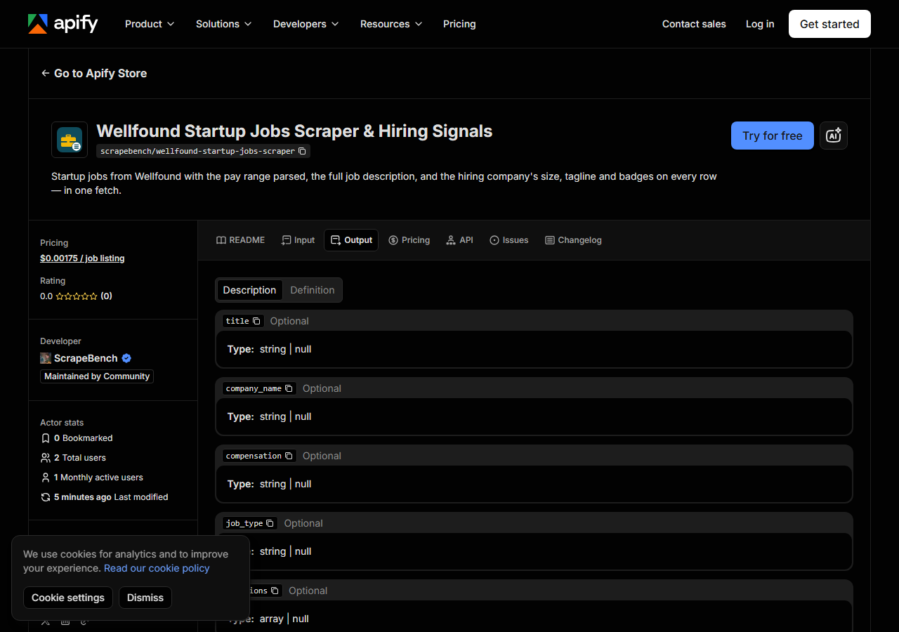 The output fields returned by Wellfound Startup Jobs Scraper & Hiring Signals