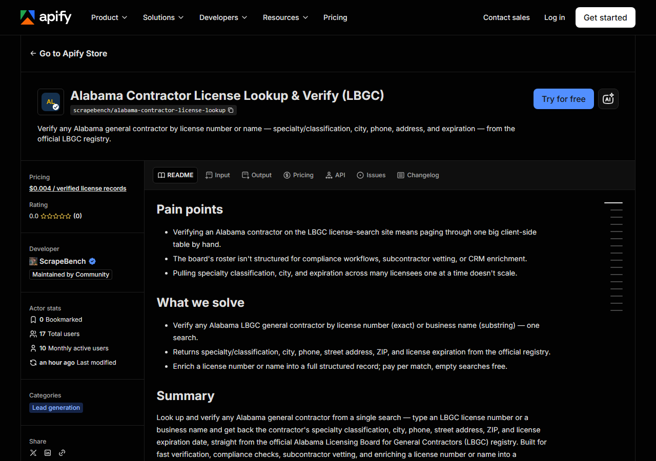 The Alabama Contractor License Lookup & Verify (LBGC) listing on the Apify Store