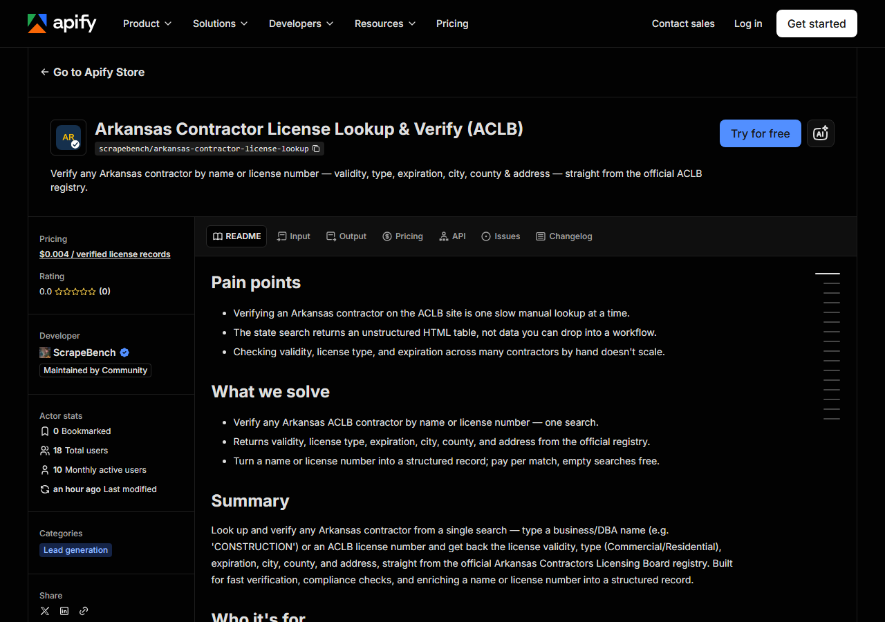 The Arkansas Contractor License Lookup & Verify (ACLB) listing on the Apify Store