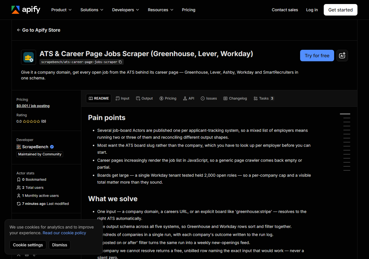 The ATS & Career Page Jobs Scraper (Greenhouse, Lever, Workday) listing on the Apify Store
