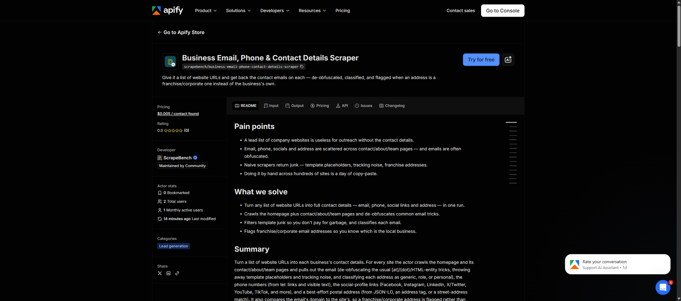 The Business Email, Phone & Contact Details Scraper listing on the Apify Store