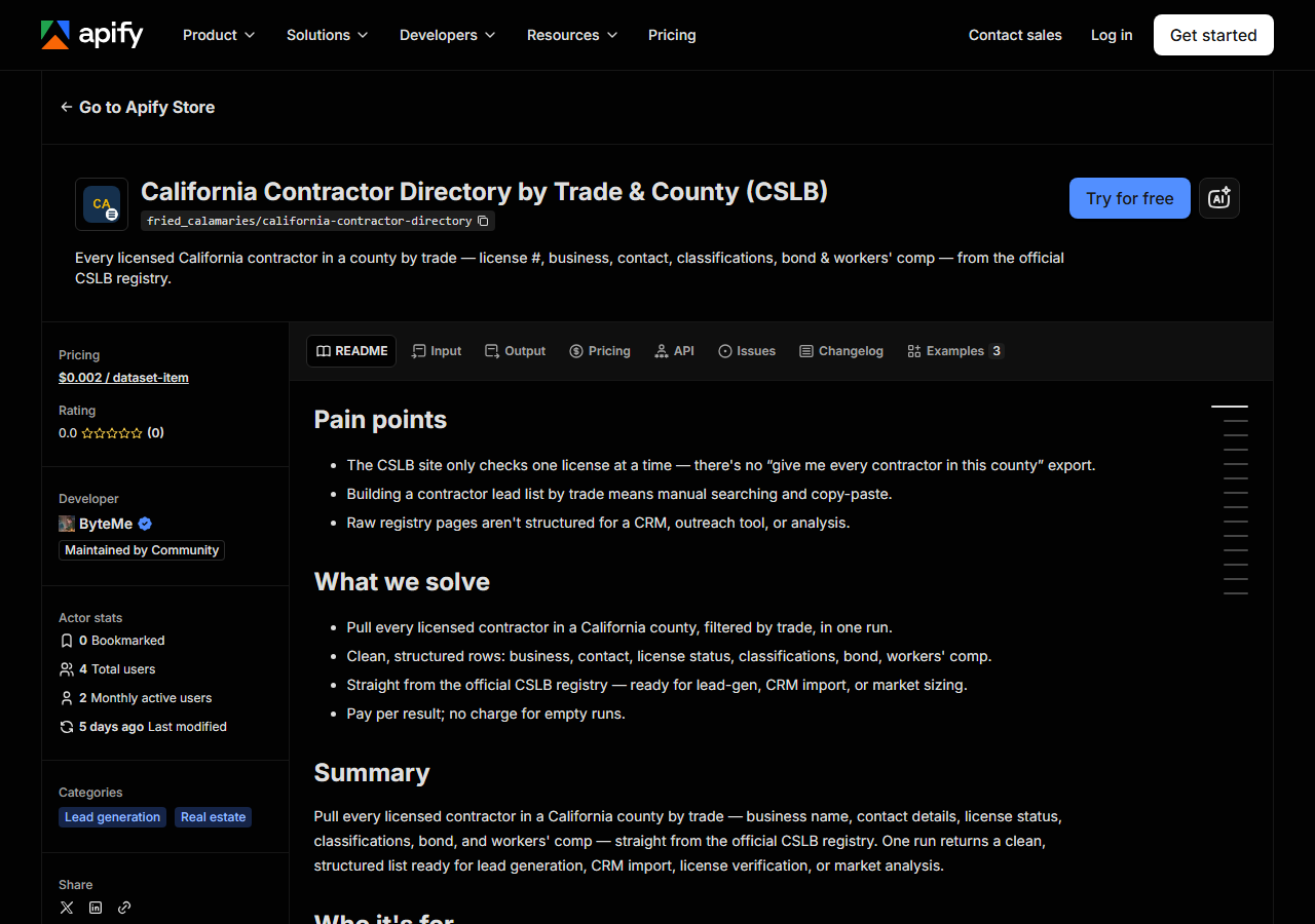 The California Contractor Directory by Trade & County (CSLB) listing on the Apify Store