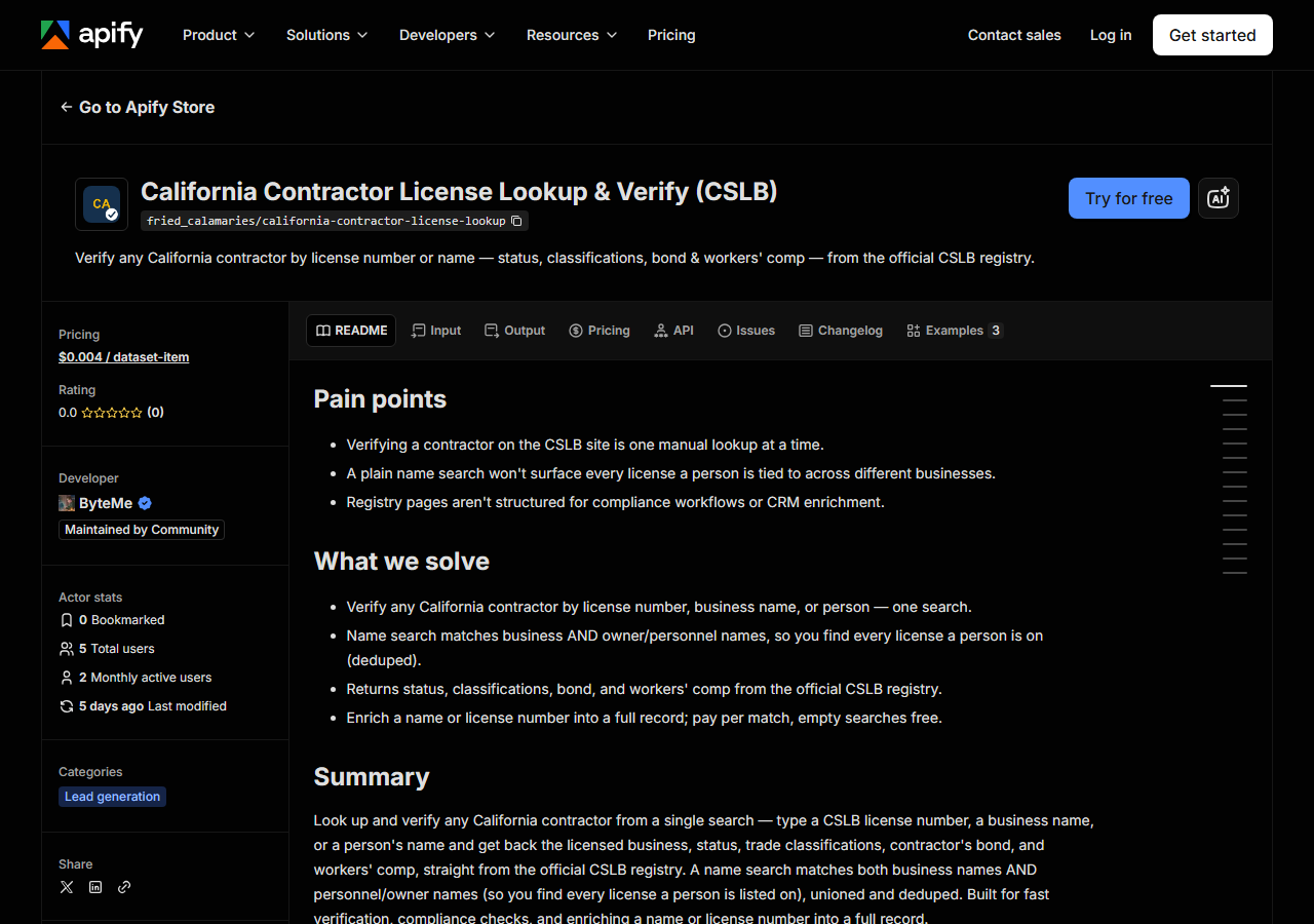 The California Contractor License Lookup & Verify (CSLB) listing on the Apify Store