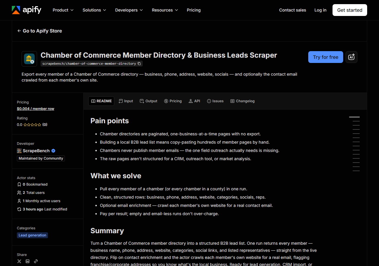 The Chamber of Commerce Member Directory & Business Leads Scraper listing on the Apify Store