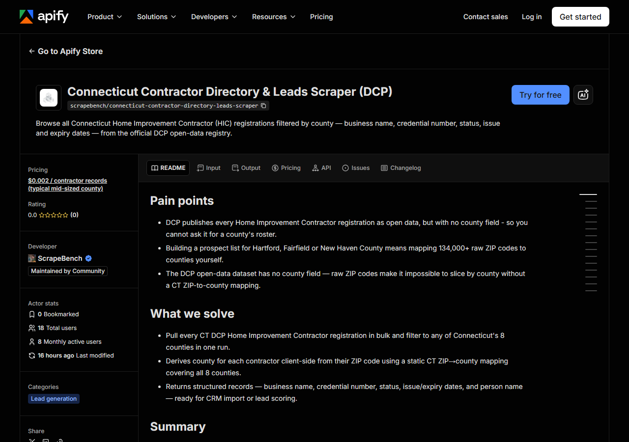 The Connecticut Contractor Directory & Leads Scraper (DCP) listing on the Apify Store