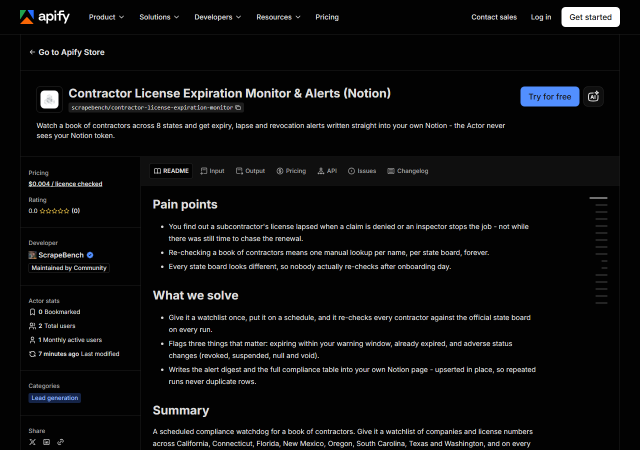 The Contractor License Expiration Monitor & Alerts (Notion) listing on the Apify Store
