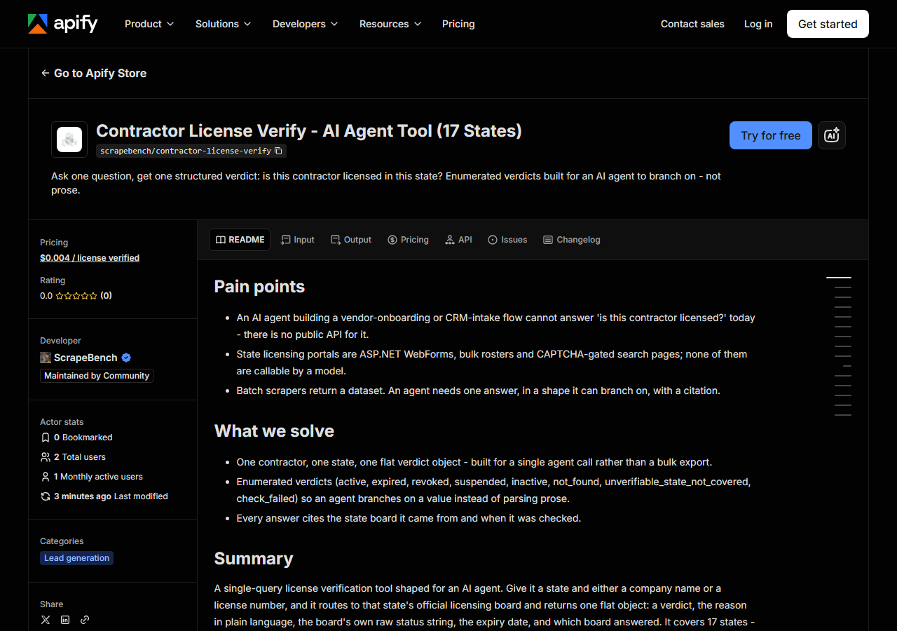 The Contractor License Verify - AI Agent Tool (17 States) listing on the Apify Store
