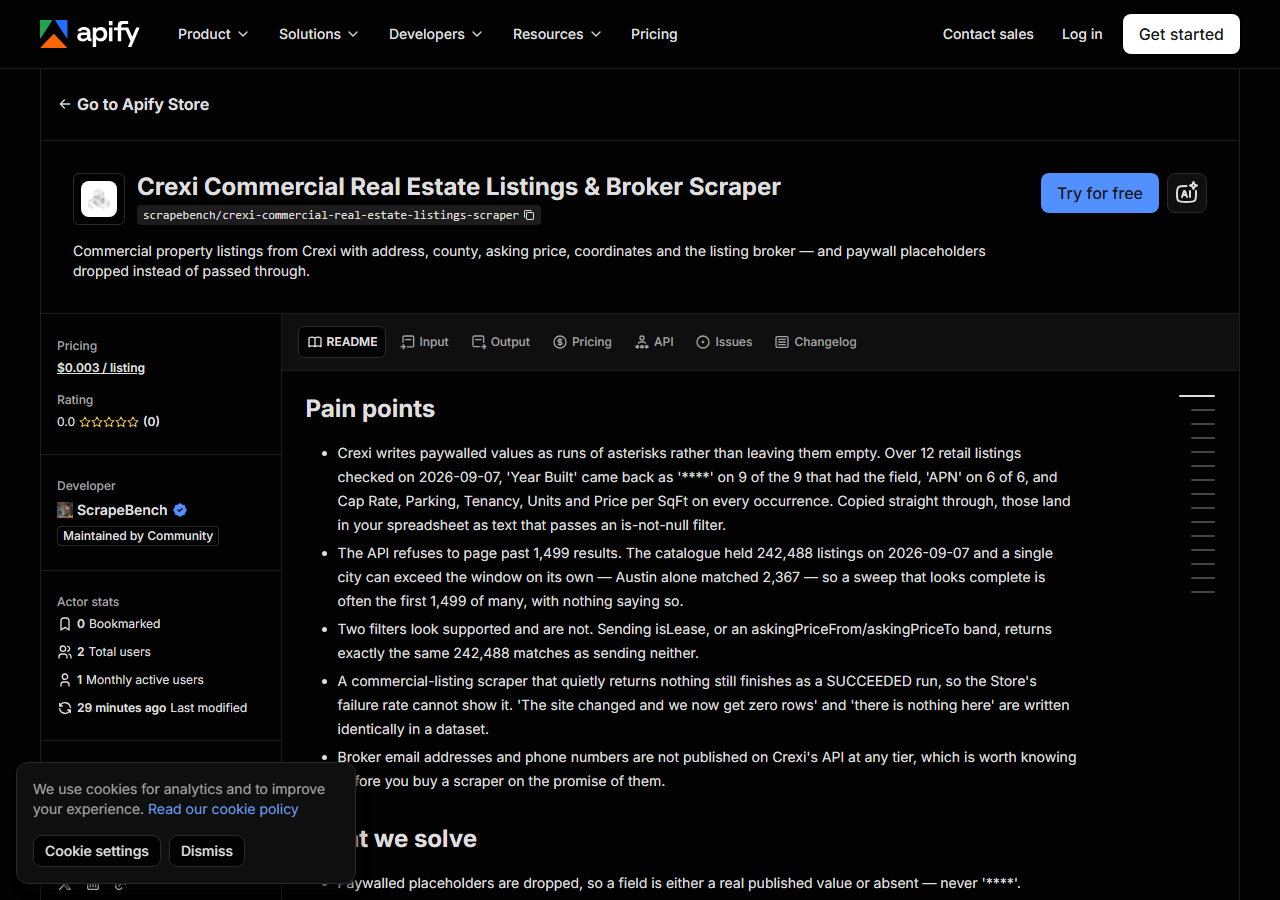The Crexi Commercial Real Estate Listings & Broker Scraper listing on the Apify Store