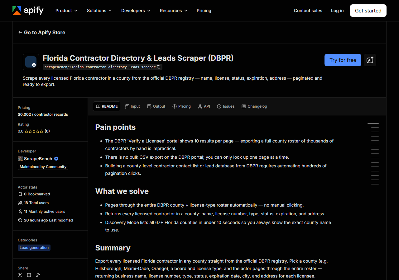 The Florida Contractor Directory & Leads Scraper (DBPR) listing on the Apify Store