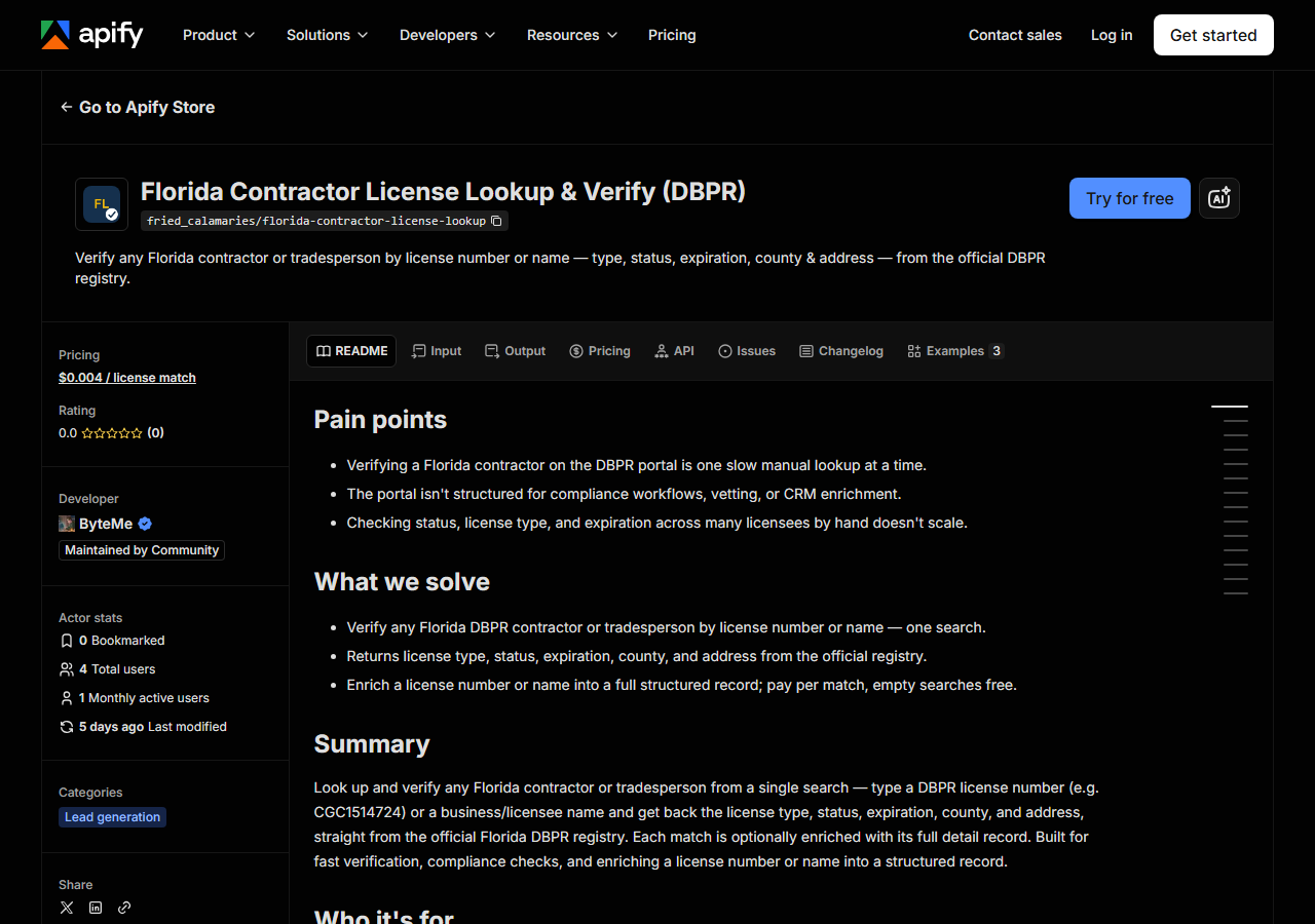 The Florida Contractor License Lookup & Verify (DBPR) listing on the Apify Store