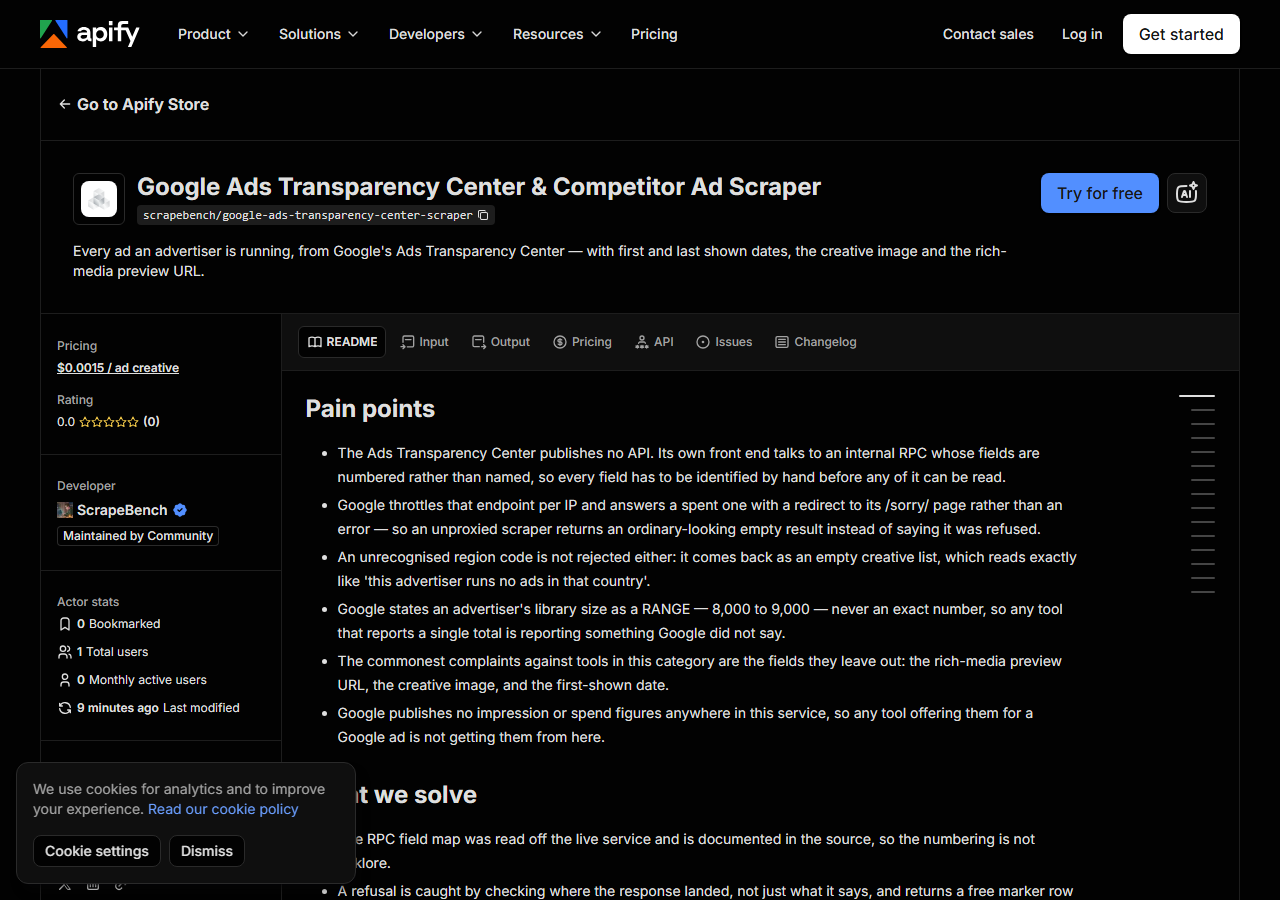 The Google Ads Transparency Center & Competitor Ad Scraper listing on the Apify Store