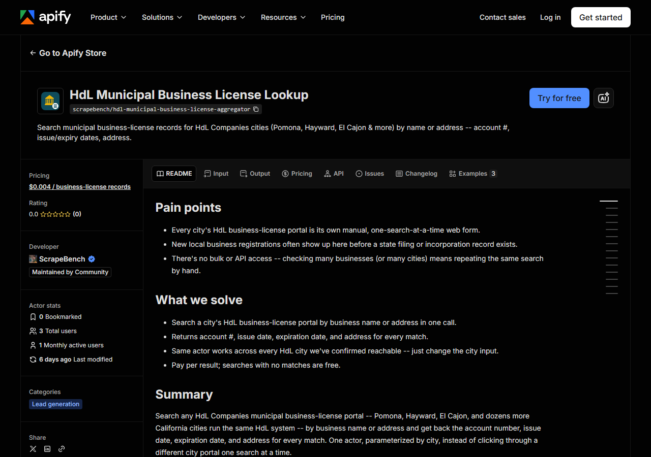The HdL Municipal Business License Lookup listing on the Apify Store