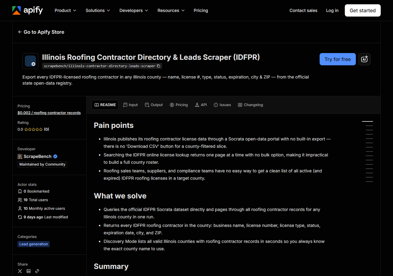The Illinois Roofing Contractor Directory & Leads Scraper (IDFPR) listing on the Apify Store