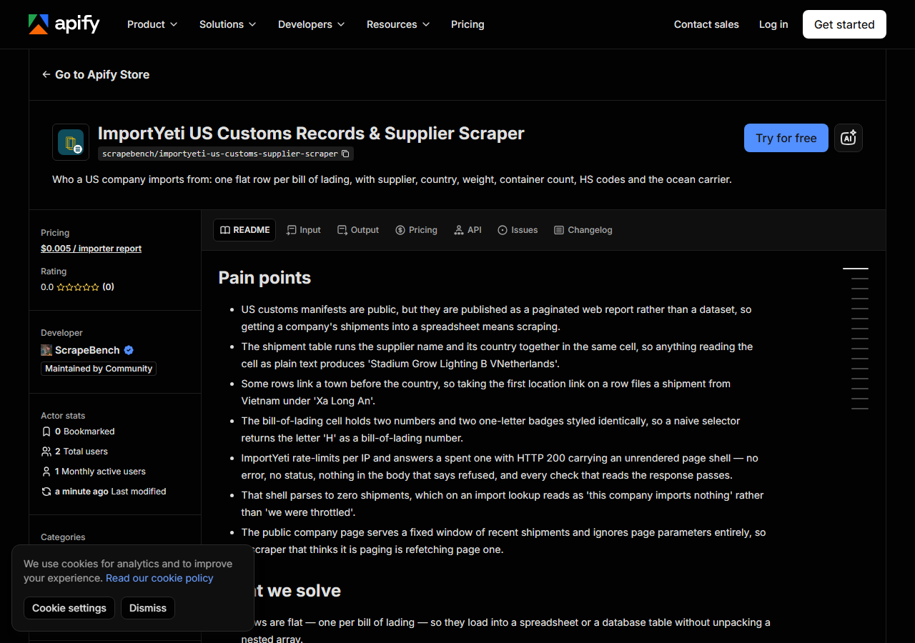 The ImportYeti US Customs Records & Supplier Scraper listing on the Apify Store