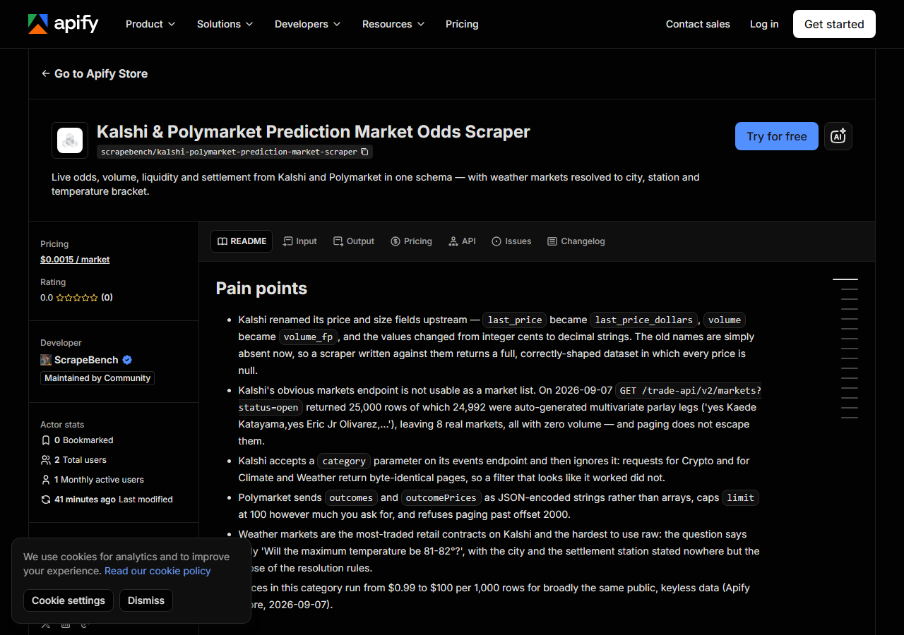 The Kalshi & Polymarket Prediction Market Odds Scraper listing on the Apify Store