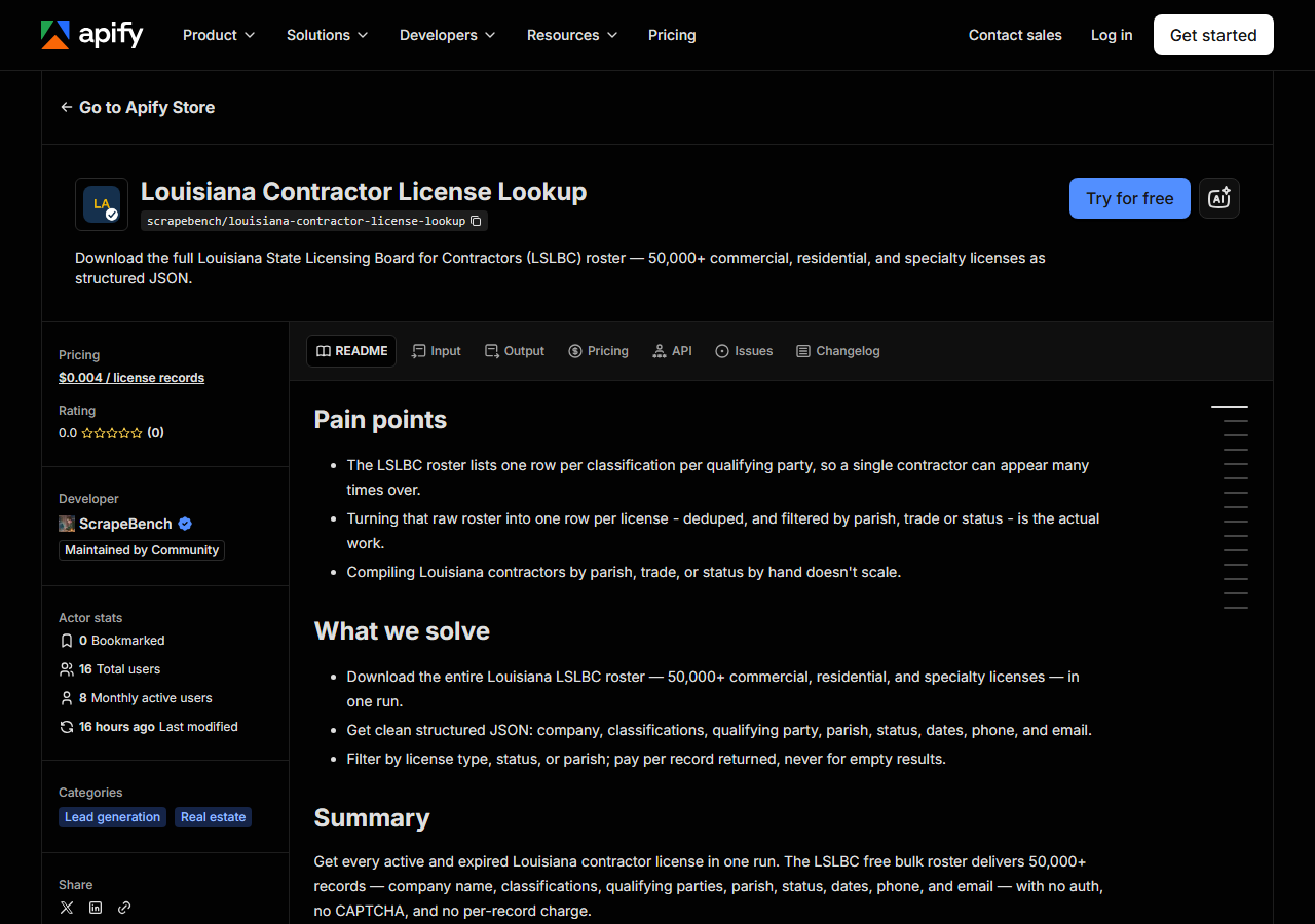 The Louisiana Contractor License Lookup listing on the Apify Store