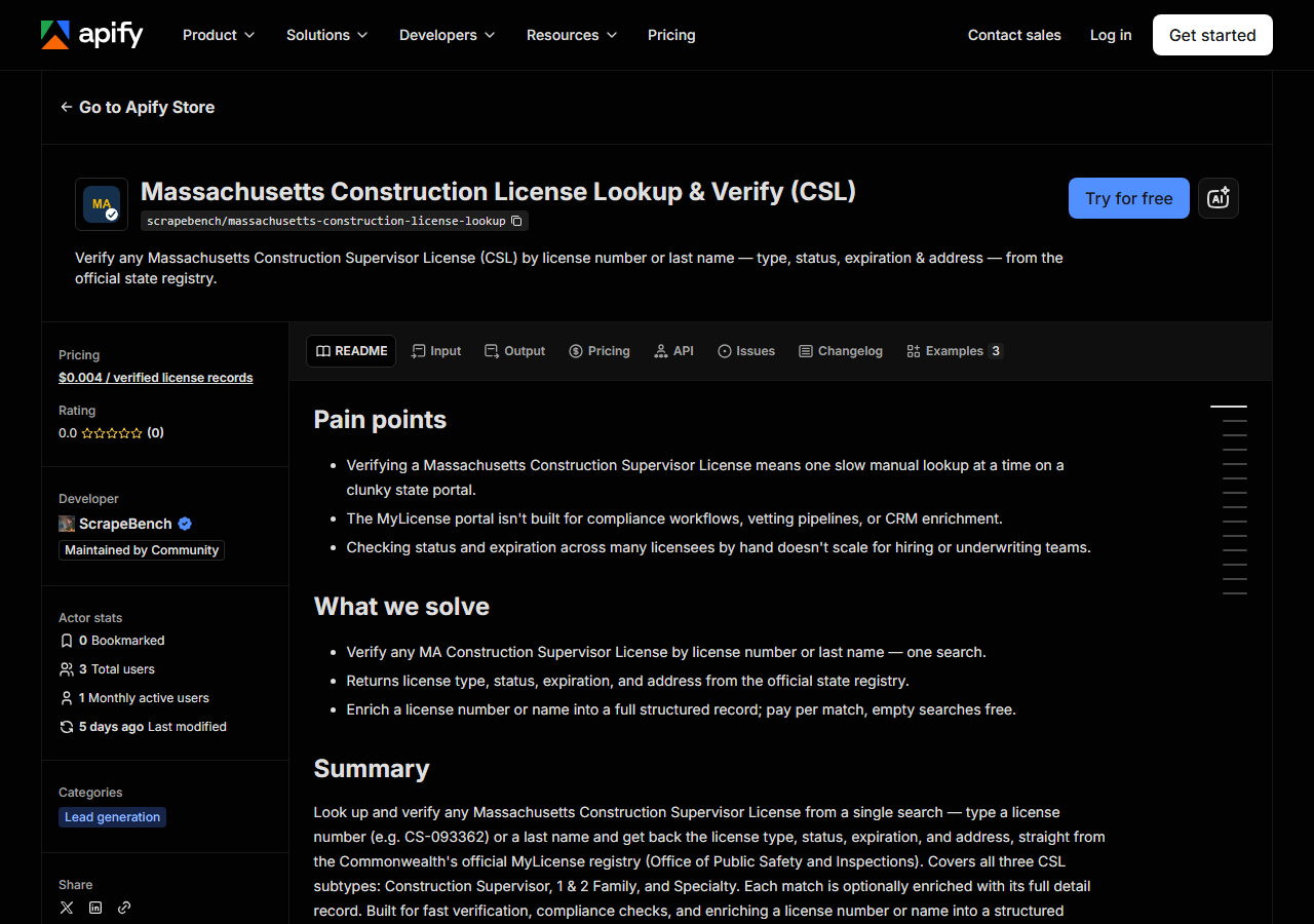 The Massachusetts Construction License Lookup & Verify (CSL) listing on the Apify Store
