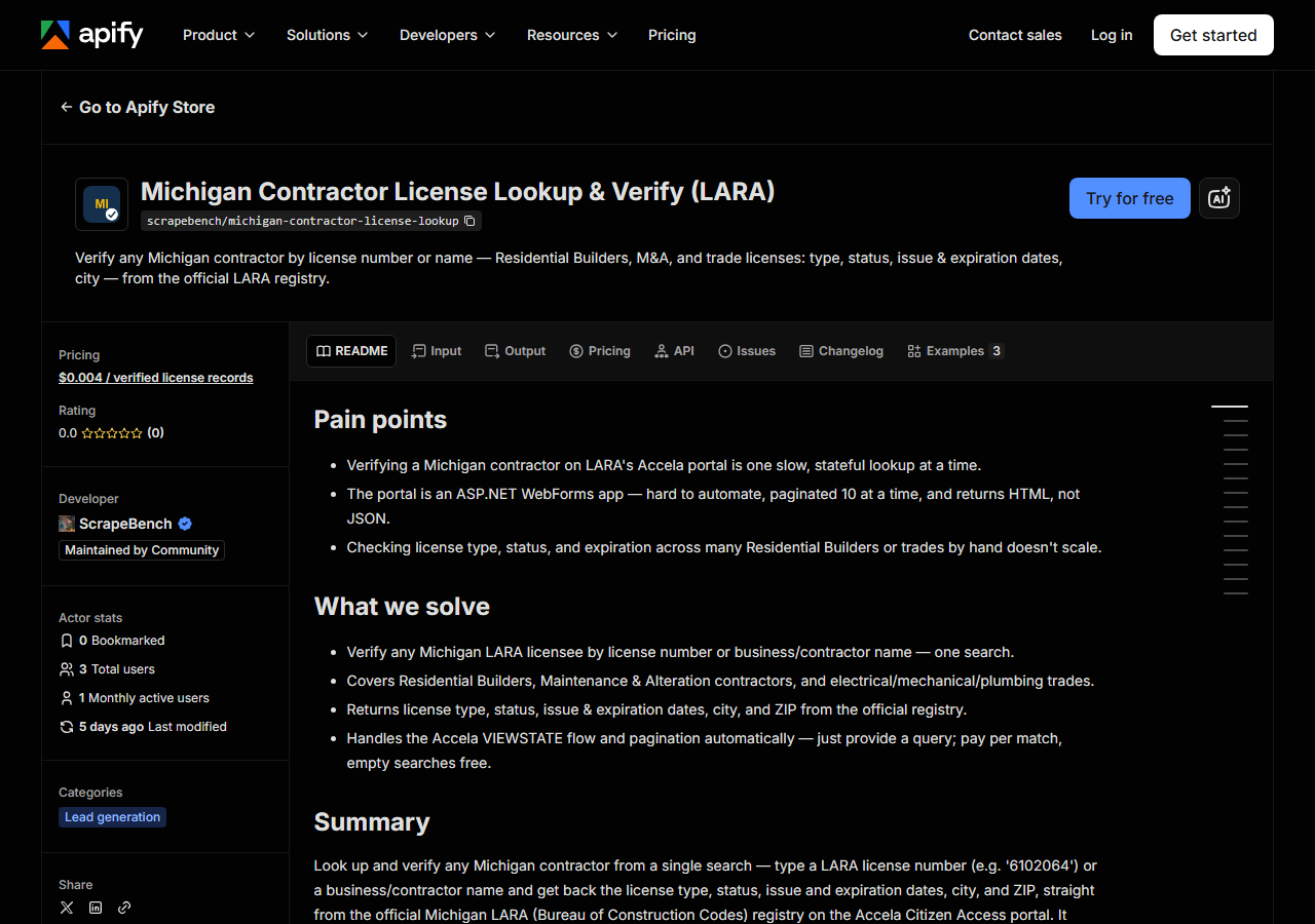 The Michigan Contractor License Lookup & Verify (LARA) listing on the Apify Store
