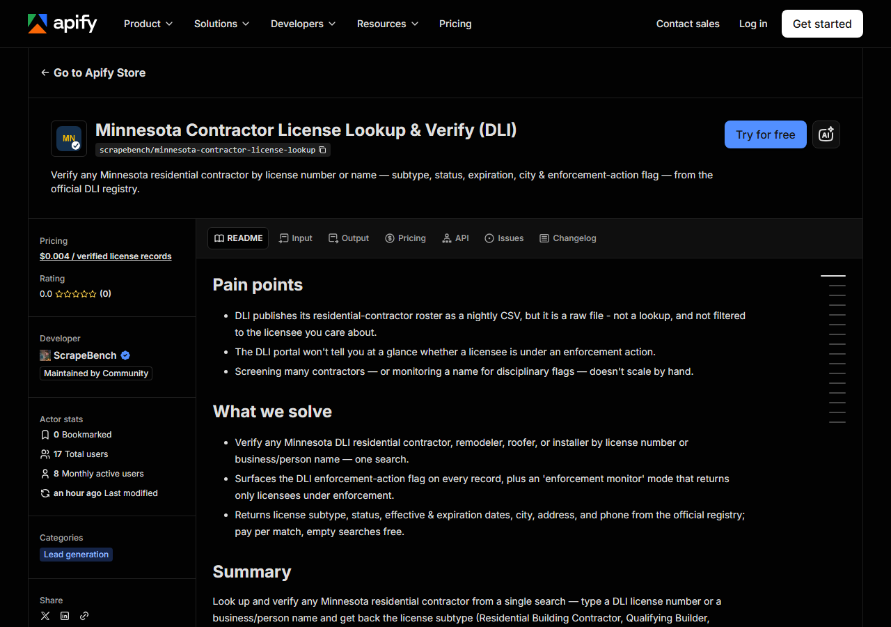 The Minnesota Contractor License Lookup & Verify (DLI) listing on the Apify Store